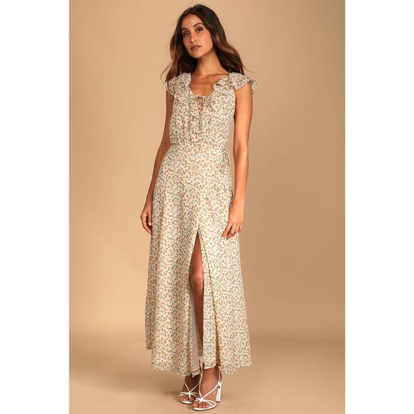 Lulus Wrap Dress NWT HAPPIEST MOMENTS FLORAL LACE-UP MAXI DRESS, IVORY FLORAL - Picture 1 of 6